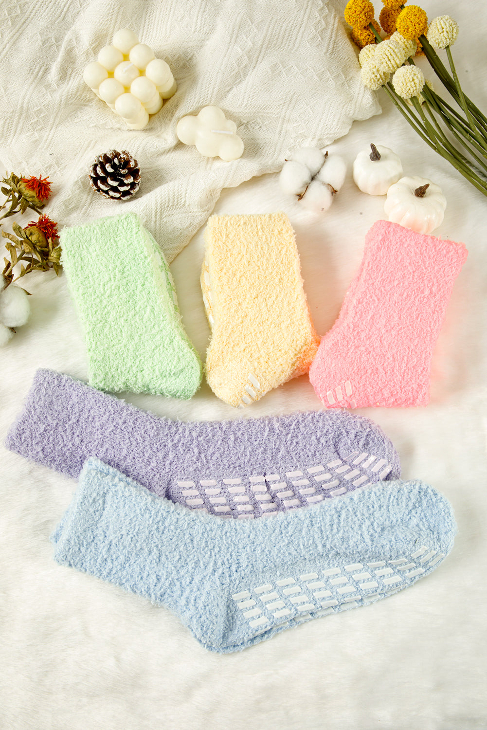 Pink 5 Pairs Anti Slip Plush Socks Different Color Each