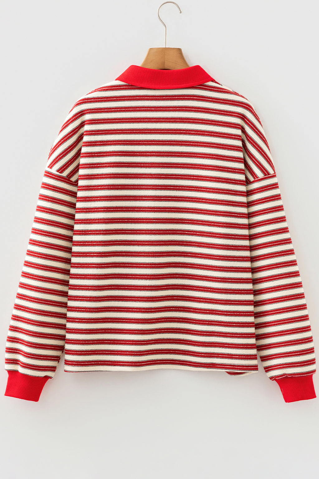 Navy Blue Striped Print Contrast Collar Zip V Neck Long Sleeve Top