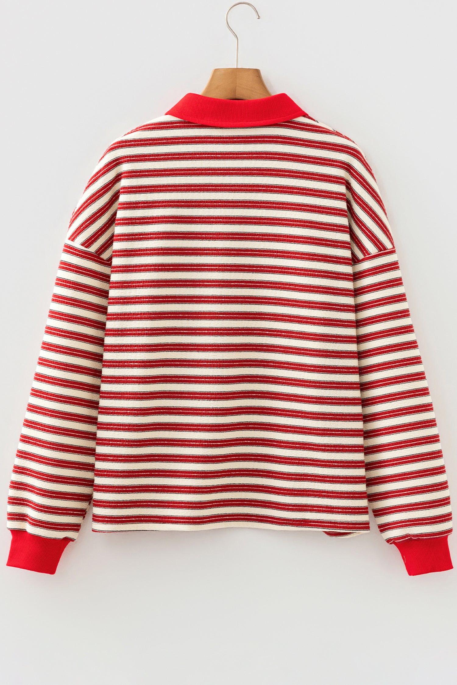 Navy Blue Striped Print Contrast Collar Zip V Neck Long Sleeve Top