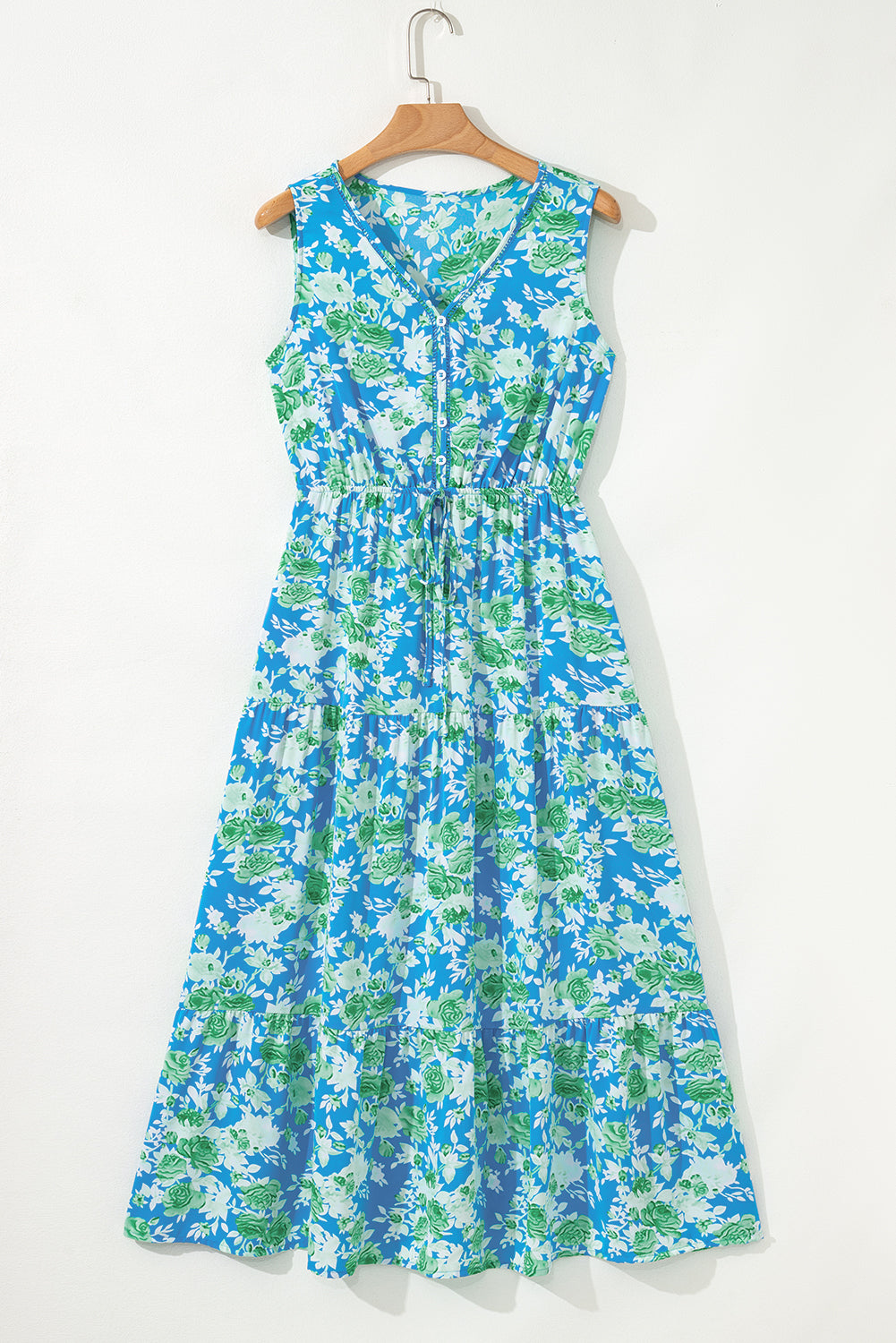 Green Floral Print Trimmed V Neck Tie Waist Sleeveless Holiday Long Dress