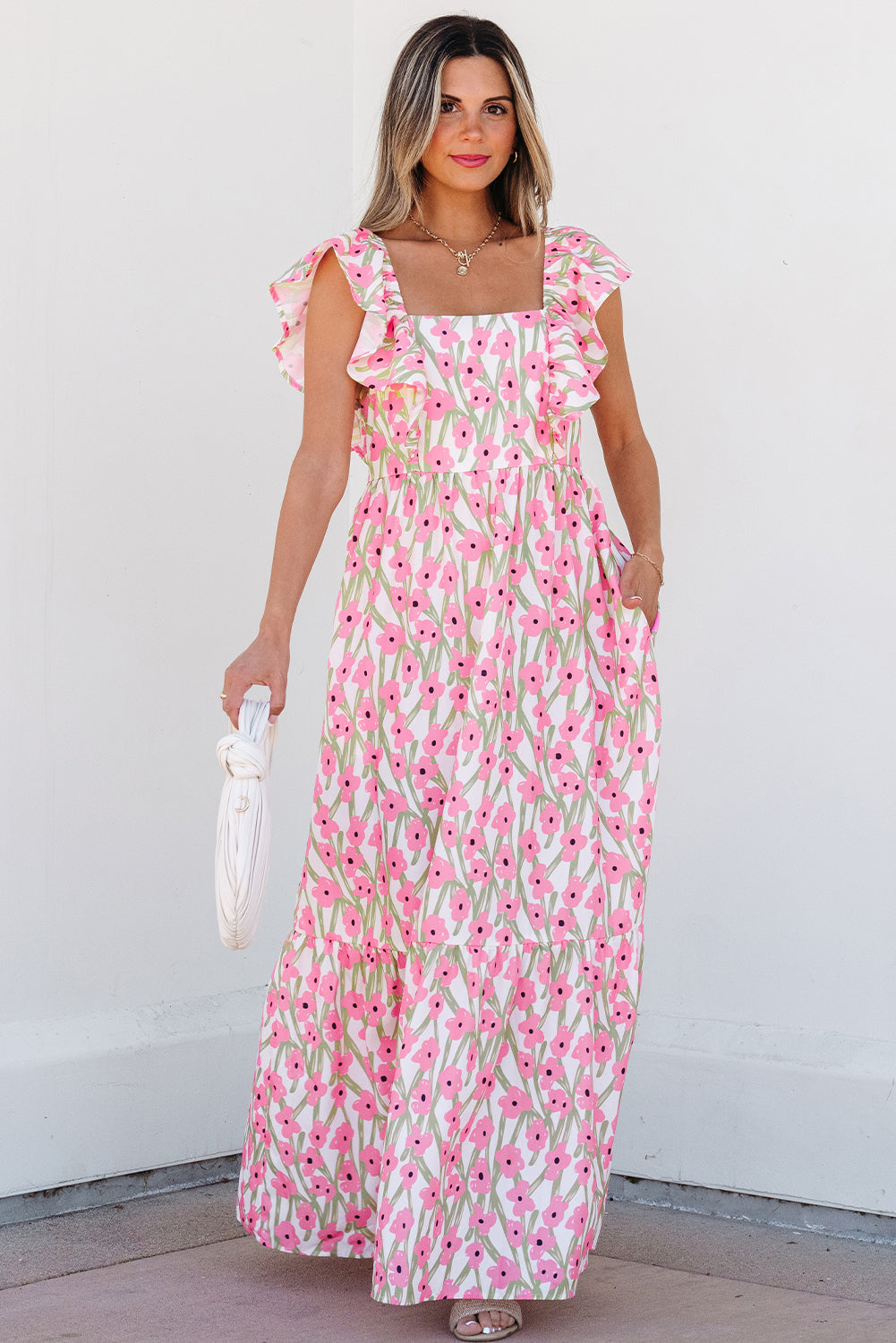 Blue Floral Print Square Neck Ruffled Strap Maxi Dress