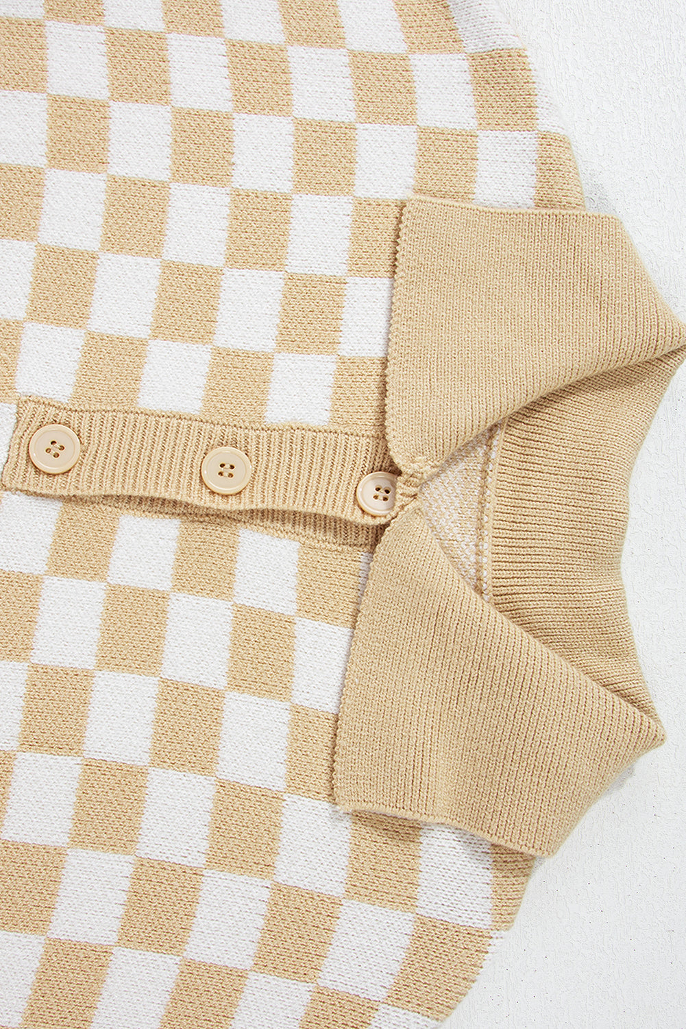 Pink Checkered Buttons Collar V Neck Drop Shoulder Sweater