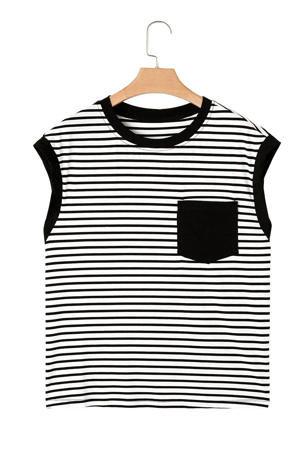 Red Stripe Chest Pocket Patch Round Neck Tank Top