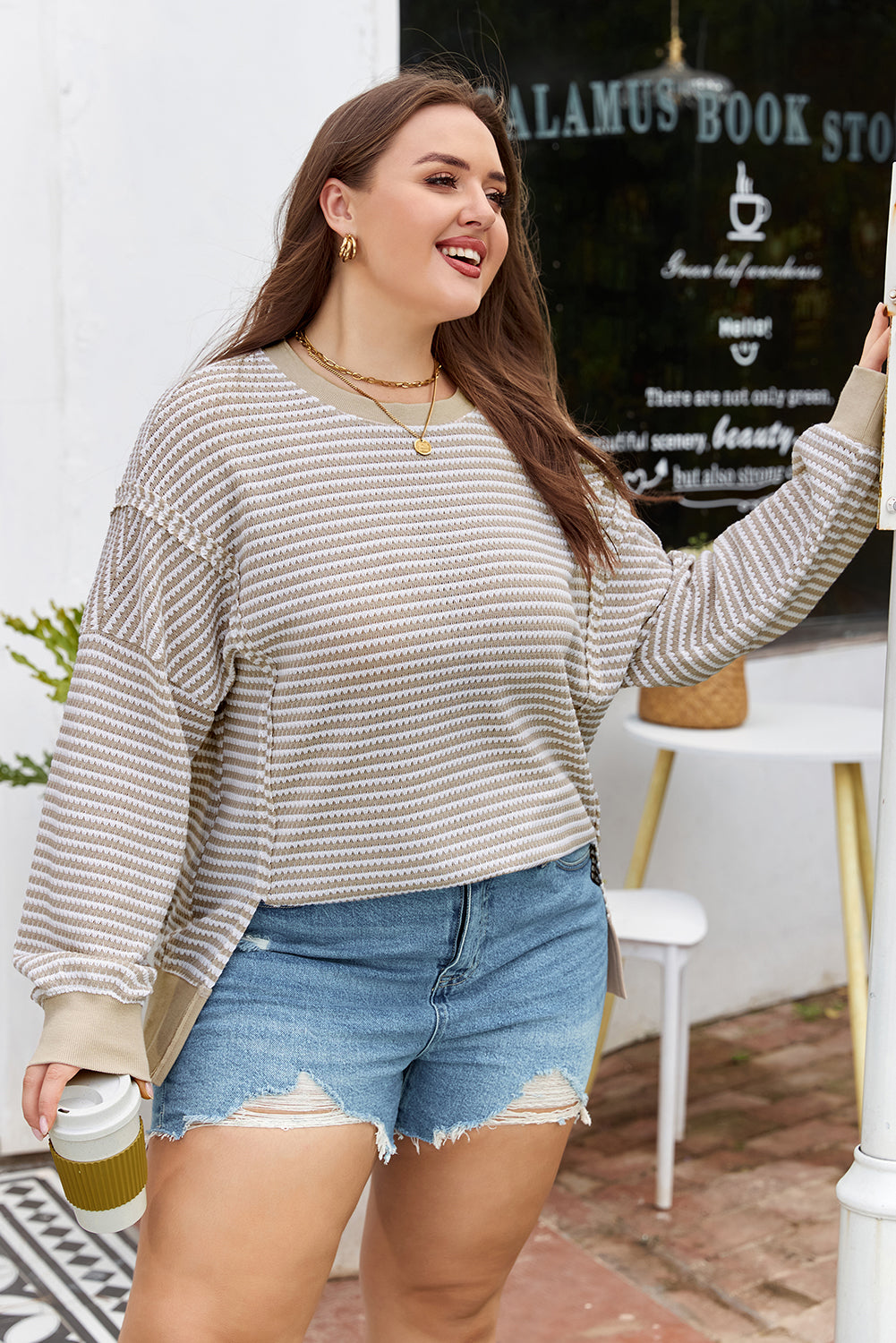 Red Stripe Ribbed Trim Drop Shoulder Long Sleeve Oversize Top