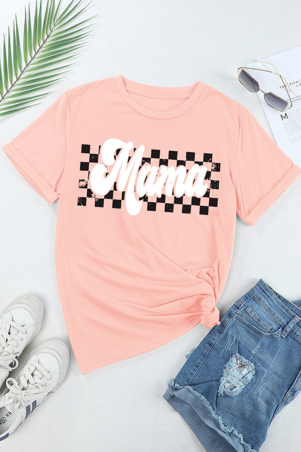 White MAMA Floral Block Graphic Casual T Shirt