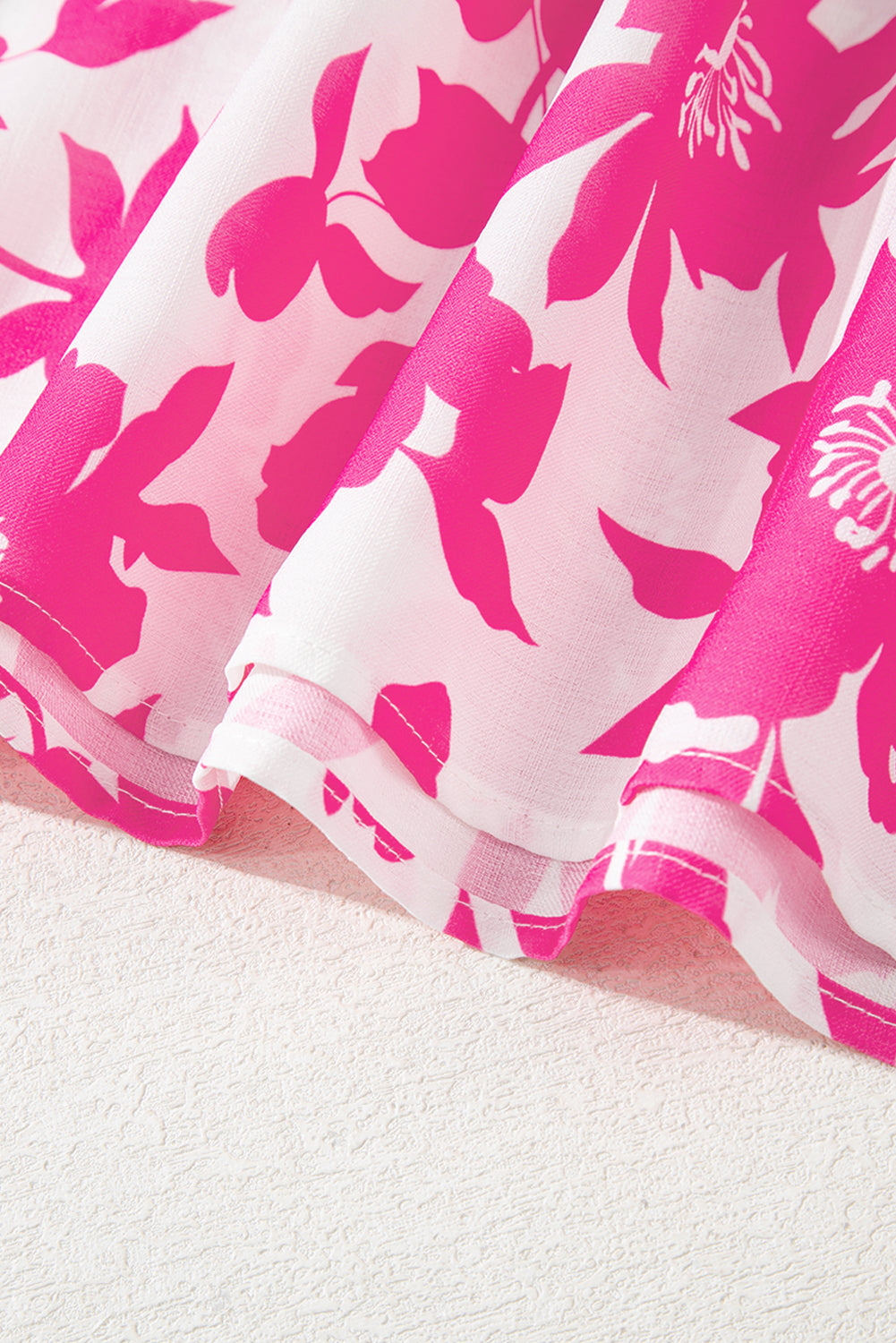 Pink Floral Printed Ruffled Short Sleeve Round Neck Loose Blouse