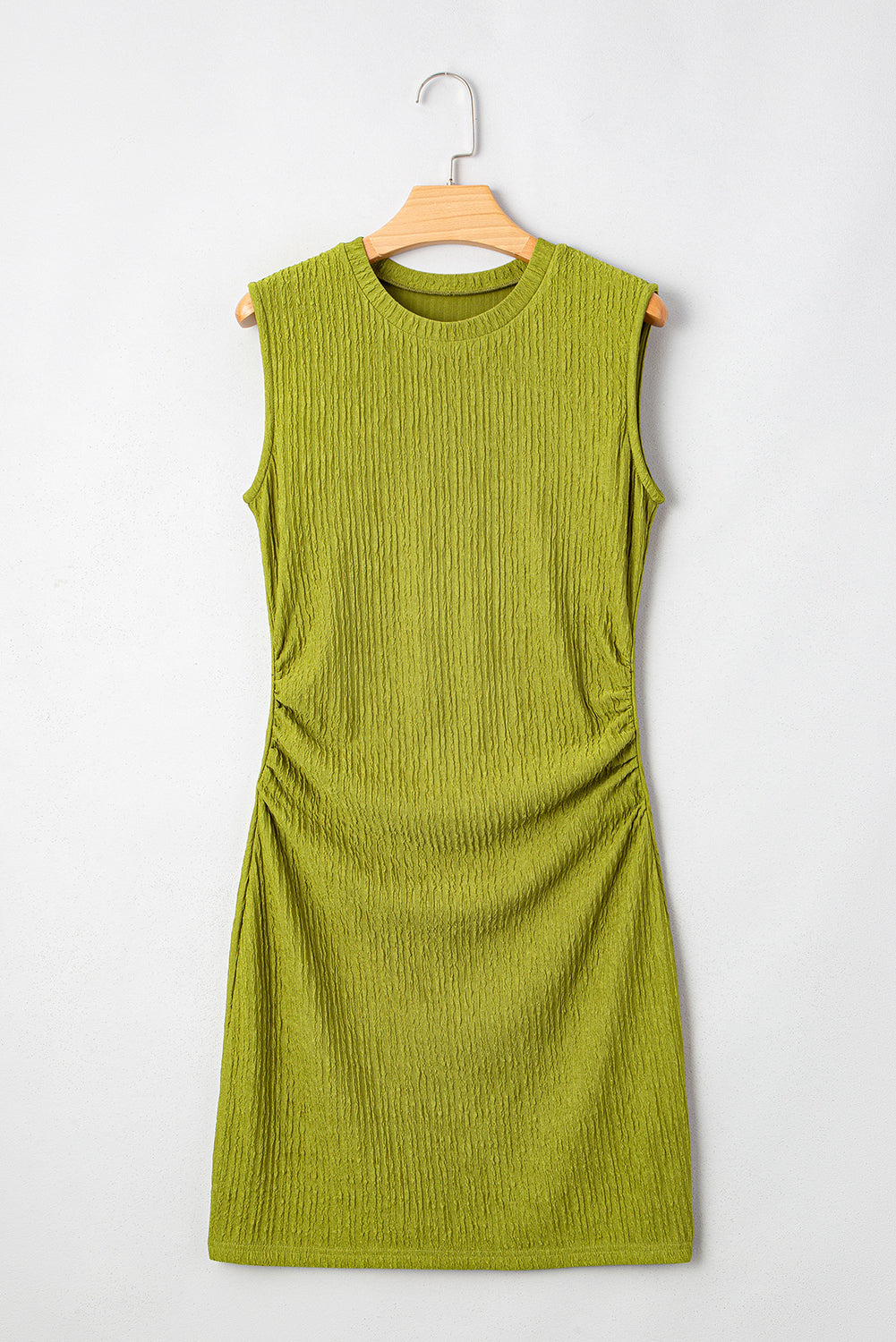 Sky Blue Solid Color Textured Ruched Side Bodycon Tank Dress