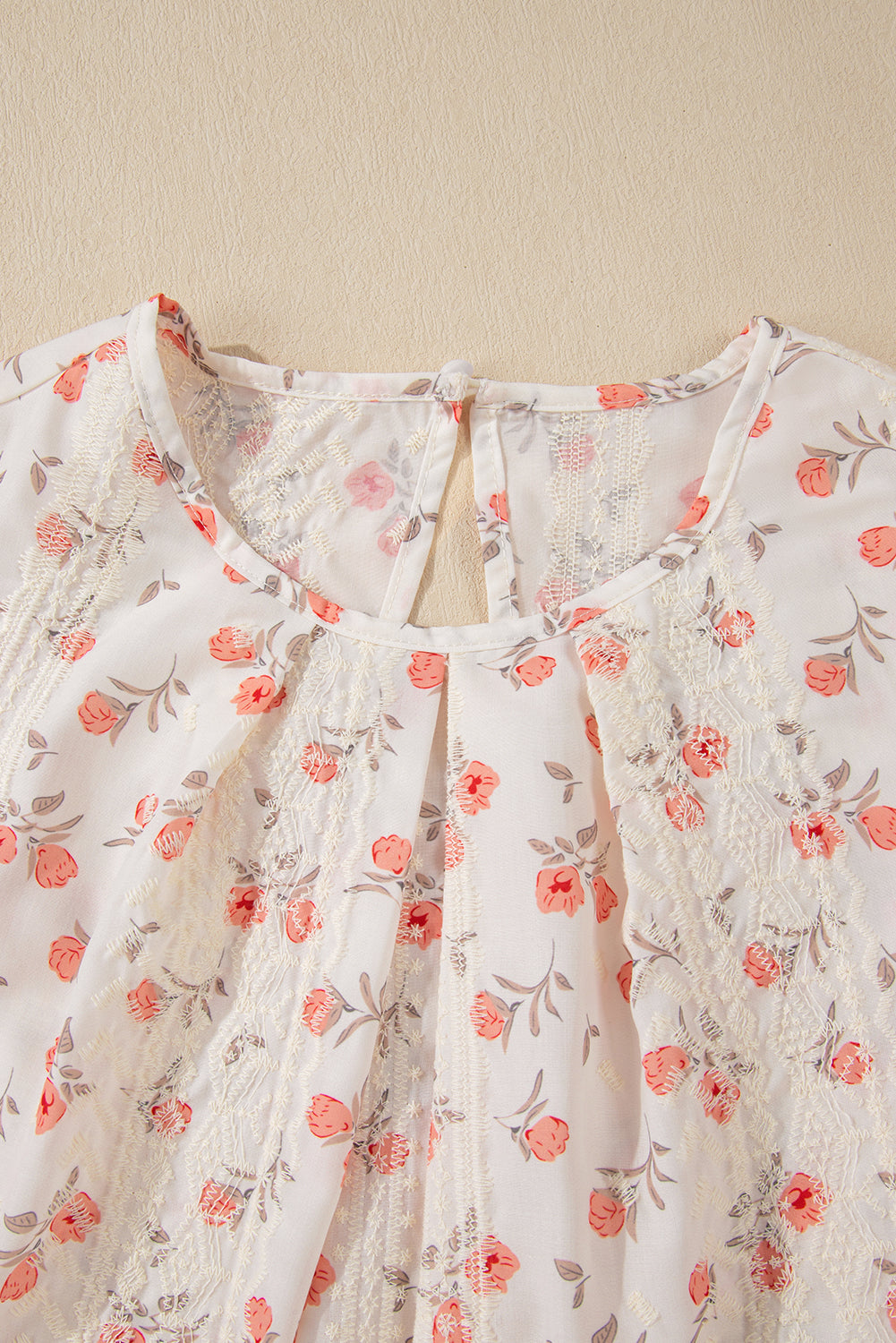 White Floral Eyelet Embroidered Puff Sleeve Notch V Neck Blouse