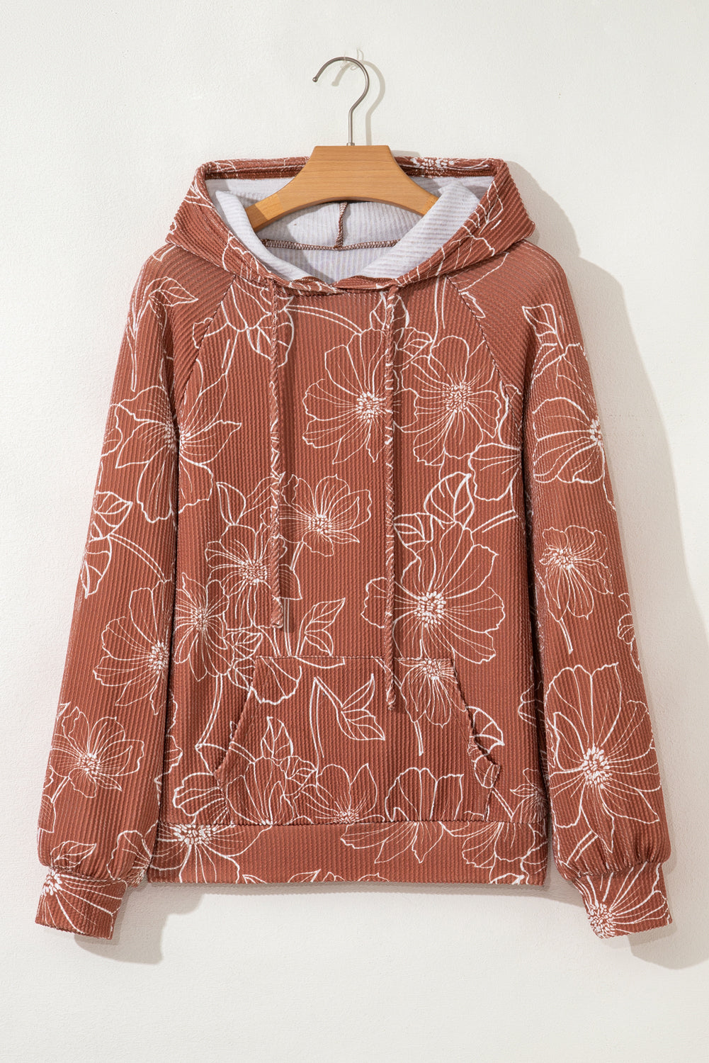 Brown Floral Twisted Rib Drawstring Kangaroo Pocket Hoodie