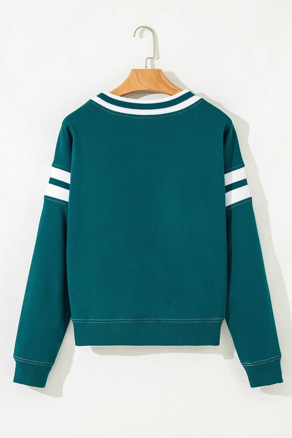 Blackish Green Contrast Striped Patchwork Round Neck Drop Shoulder Sweatshirt
