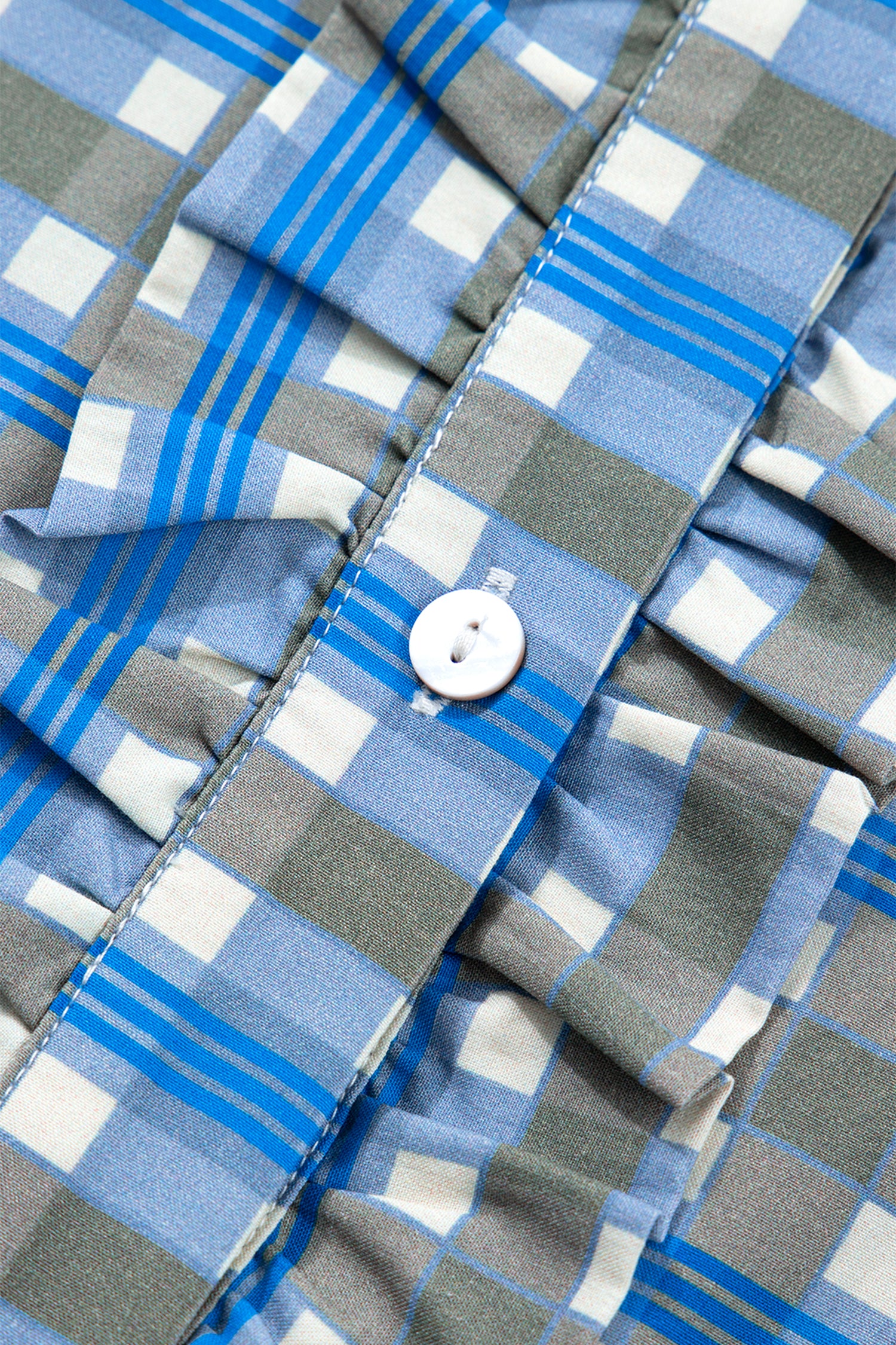 Sky Blue Plaid Long Sleeve Frilled Detail Half Button Blouse