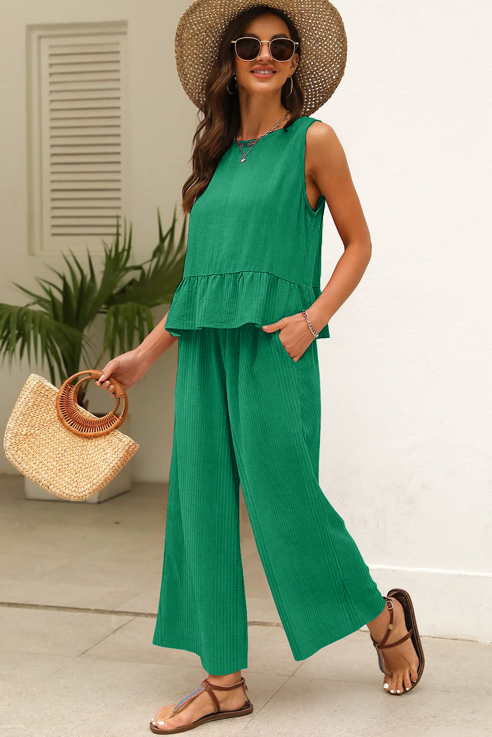 Beau Blue Solid Color Ribbed Ruffle Tank Top and Pants Set