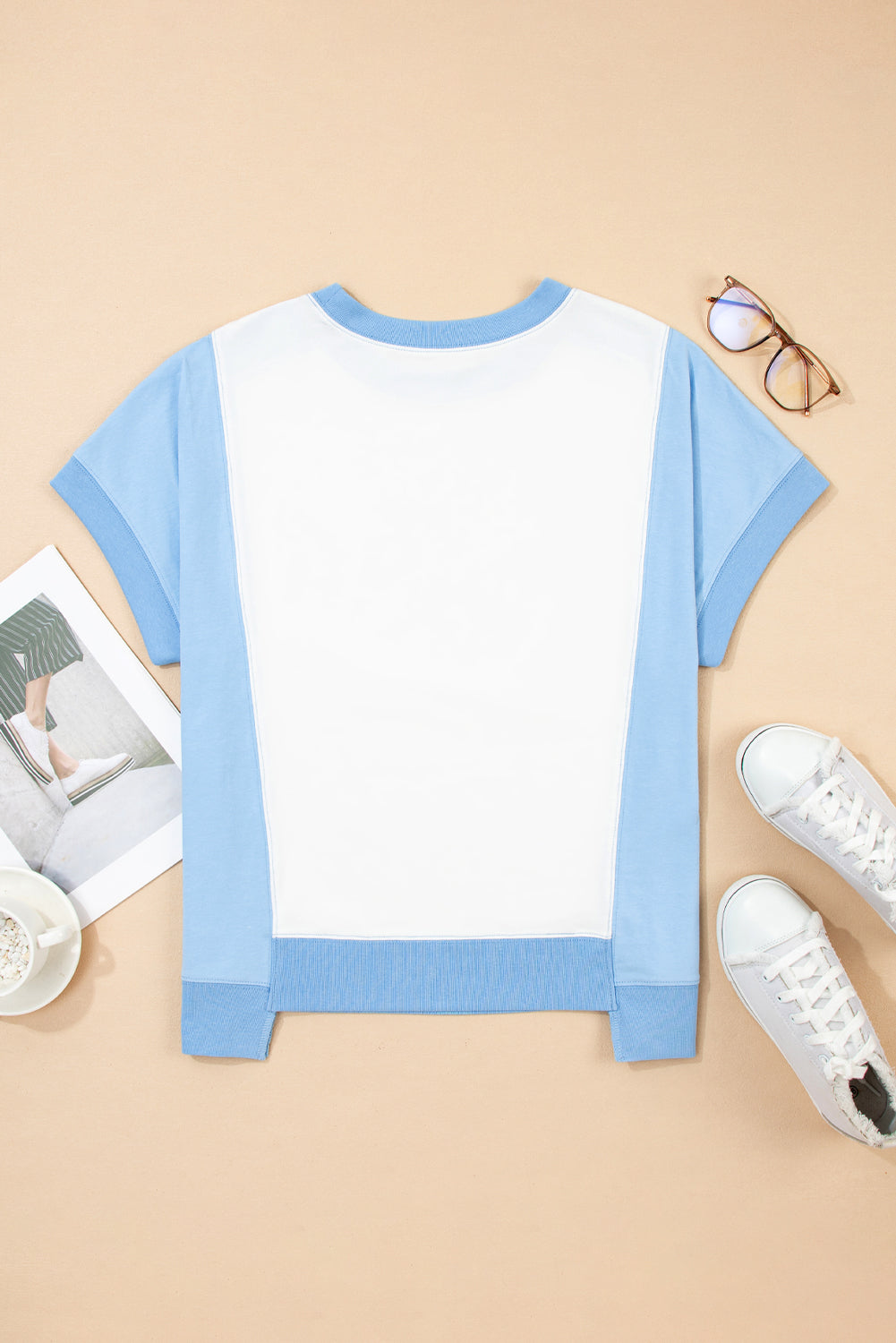 Light Green Color Block Exposed Seam Crew Neck T Shirt