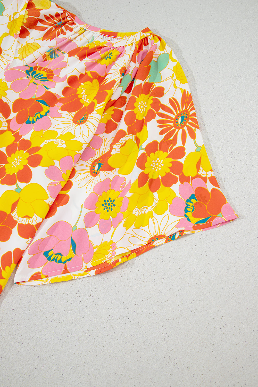 Multicolor Stand Collar Flutter Sleeves Floral Top