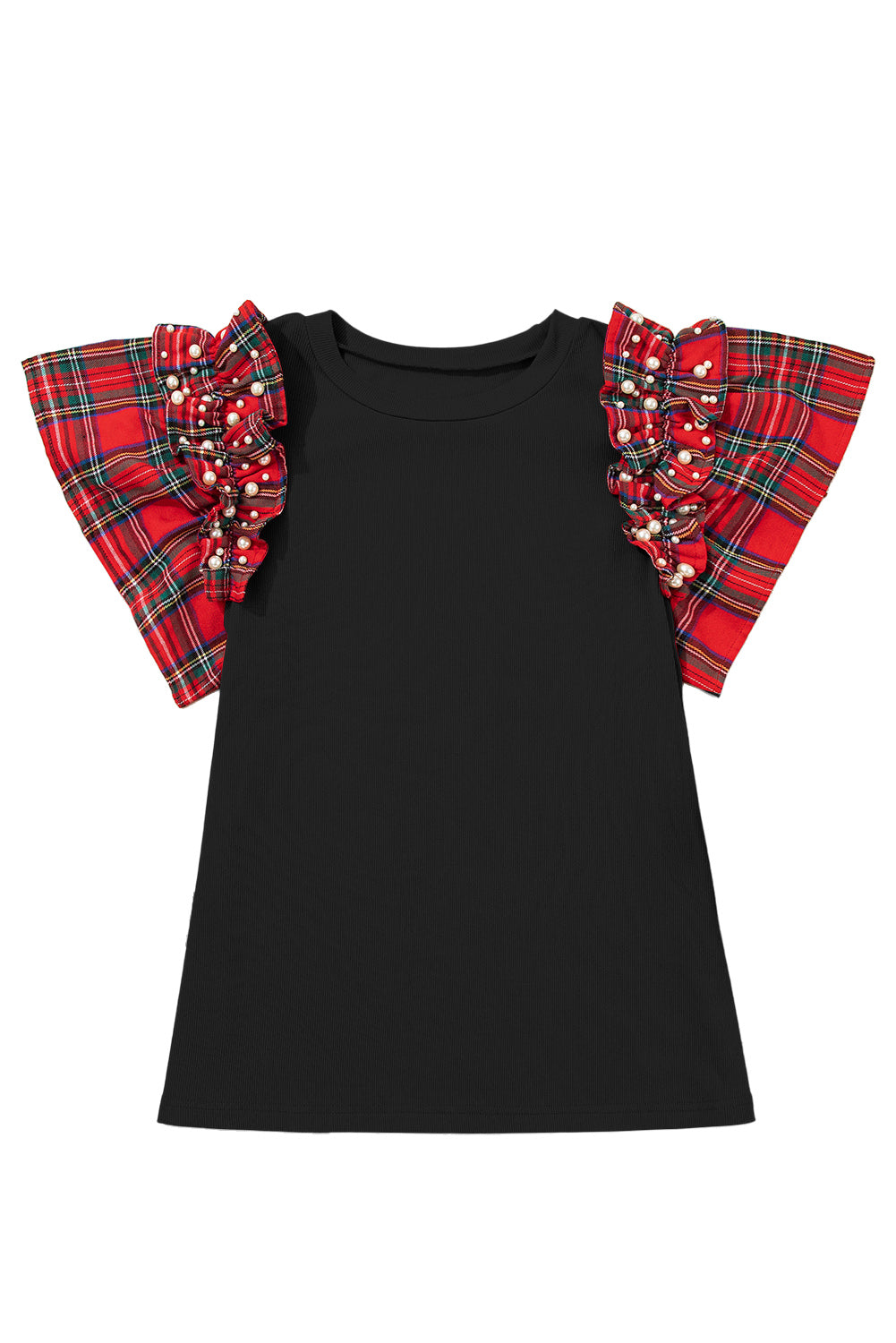 Red Festive Plaid Pearl Embellished Ruffle Short Sleeve Blouse
