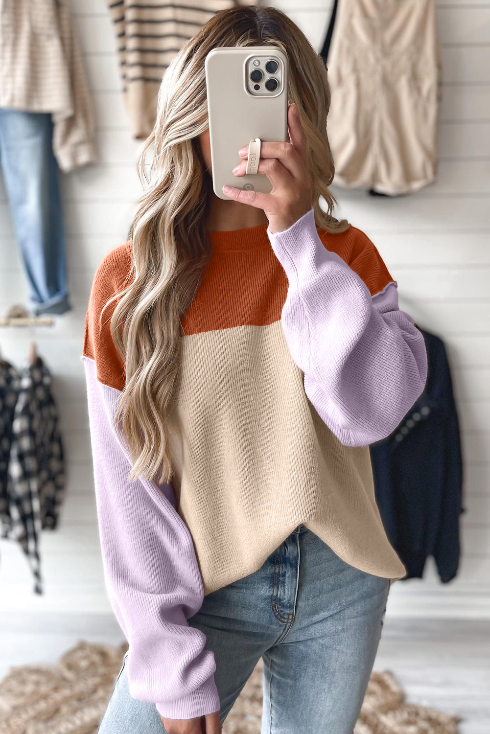 Green Color Block Plain Ribbed Knit Baggy Sweater
