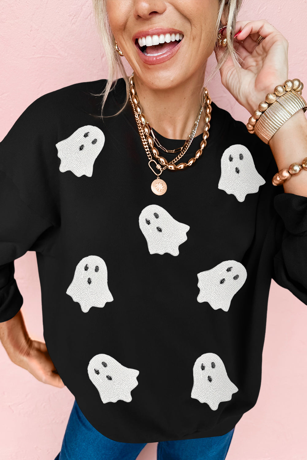 Orange Sequin Halloween Ghost Patched Drop Shoulder Sweatshirt
