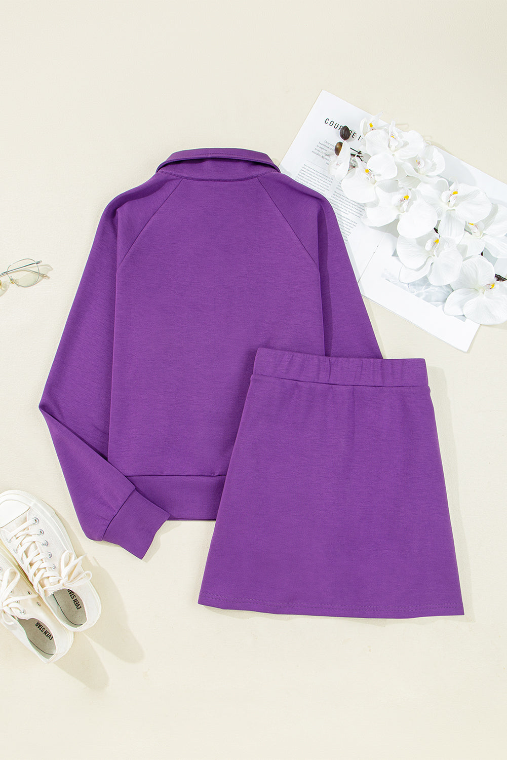 Dark Blue Half Zip Sporty Pullover Mini Skort 2pcs Outfit