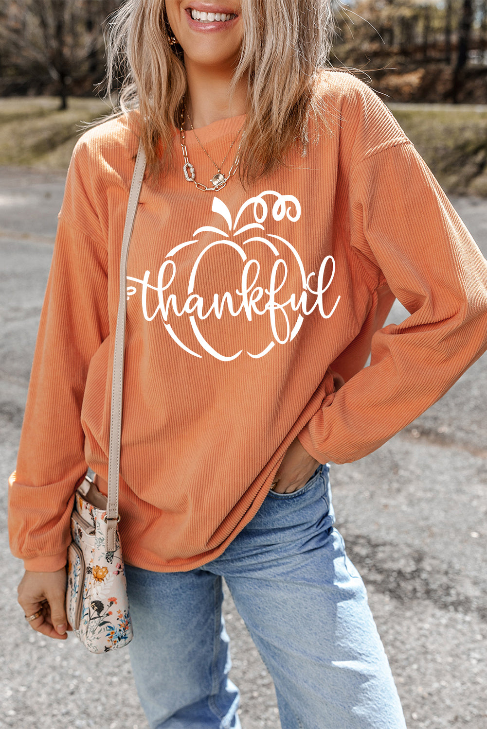 Orange Thankful Ribbed Crew Neck Thanksgiving Sweatshirt