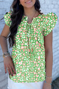 Green Abstract Leopard Tied Front Flutter Sleeve Blouse