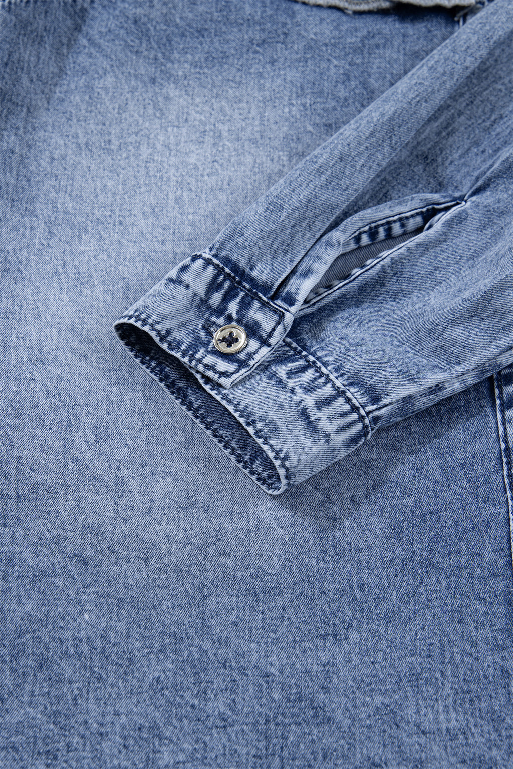 Dusk Blue Vintage Wash Denim Ruffle Detail Button Down Shirt