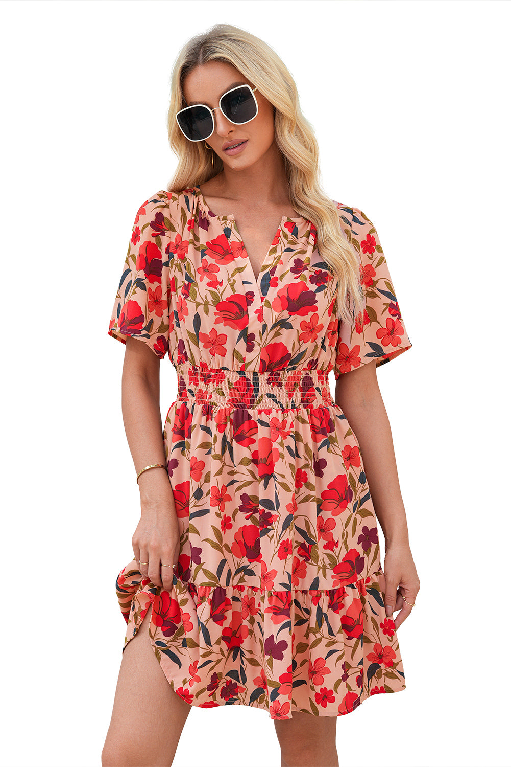 Black Floral Print Wrap V Neck Short Sleeve High Waistband Mini Dress