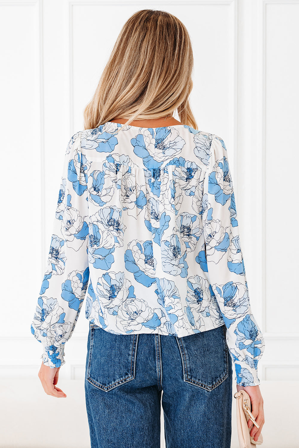 Sky Blue Floral Print Tie Neck Long Sleeve Flowy Mini Dress