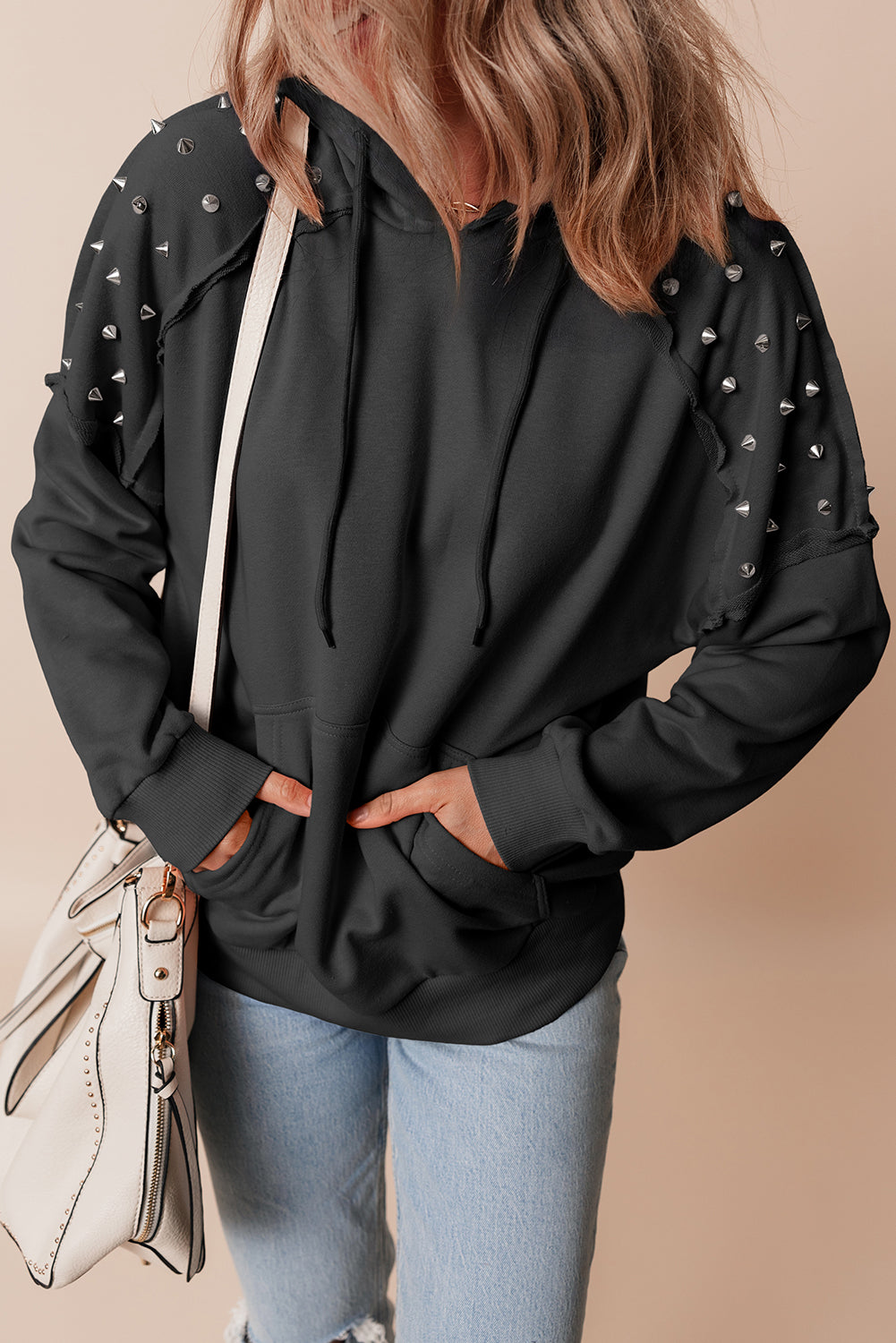 Fushia Solid Color Rivet Stud Raglan Sleeve Hoodie with Pocket