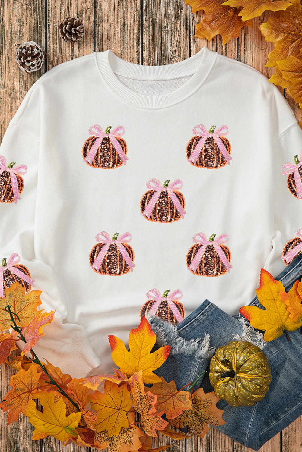 White Colorful Pumpkin Sequin Patched Drop Shoulder Sweatshirt