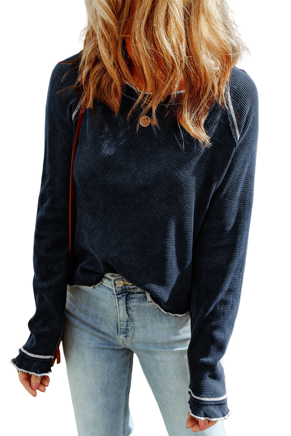 Smoke Gray Textured Round Neck Long Sleeve Top