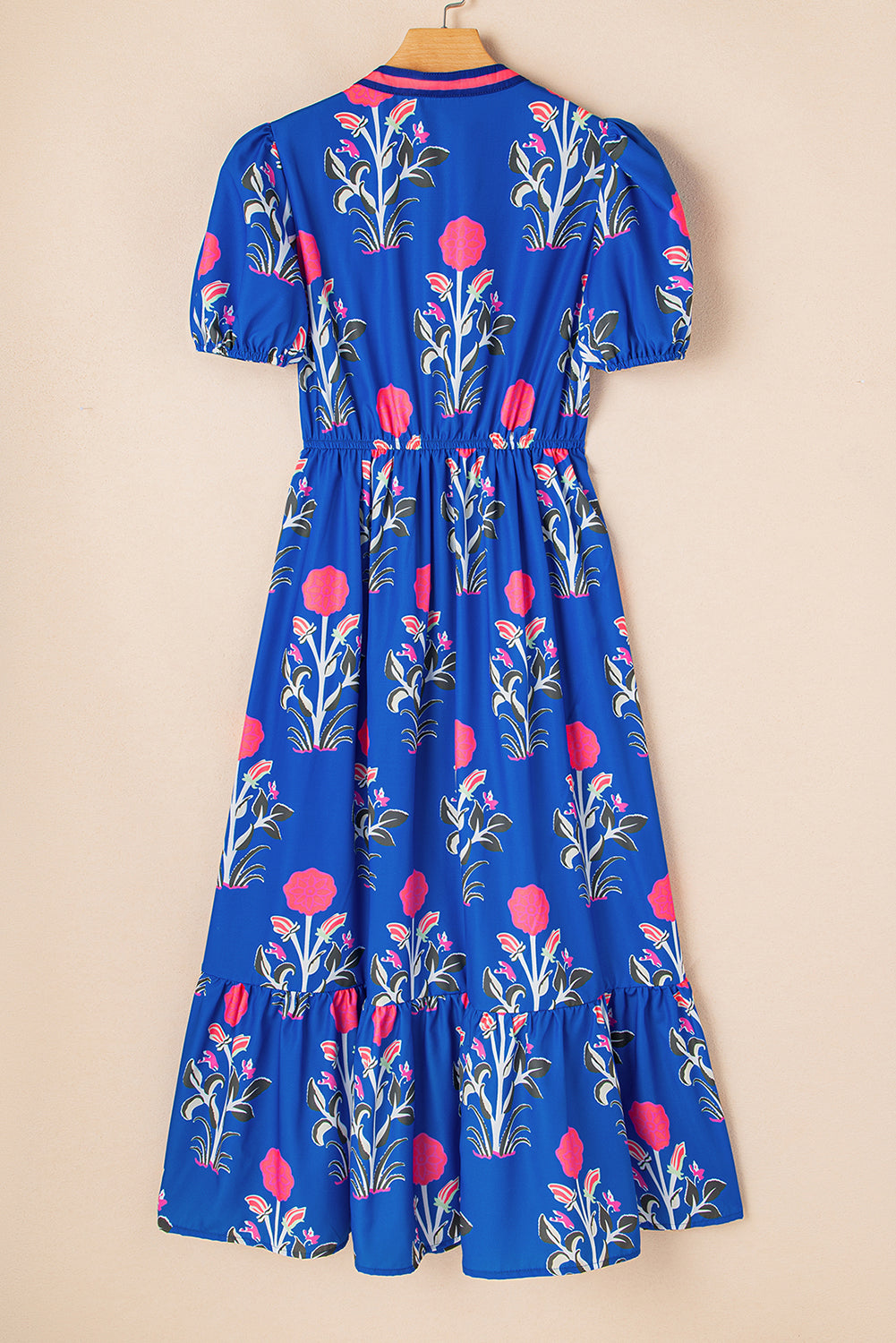 White Floral Puff Short Sleeve V Neck High Waist Maxi Dress