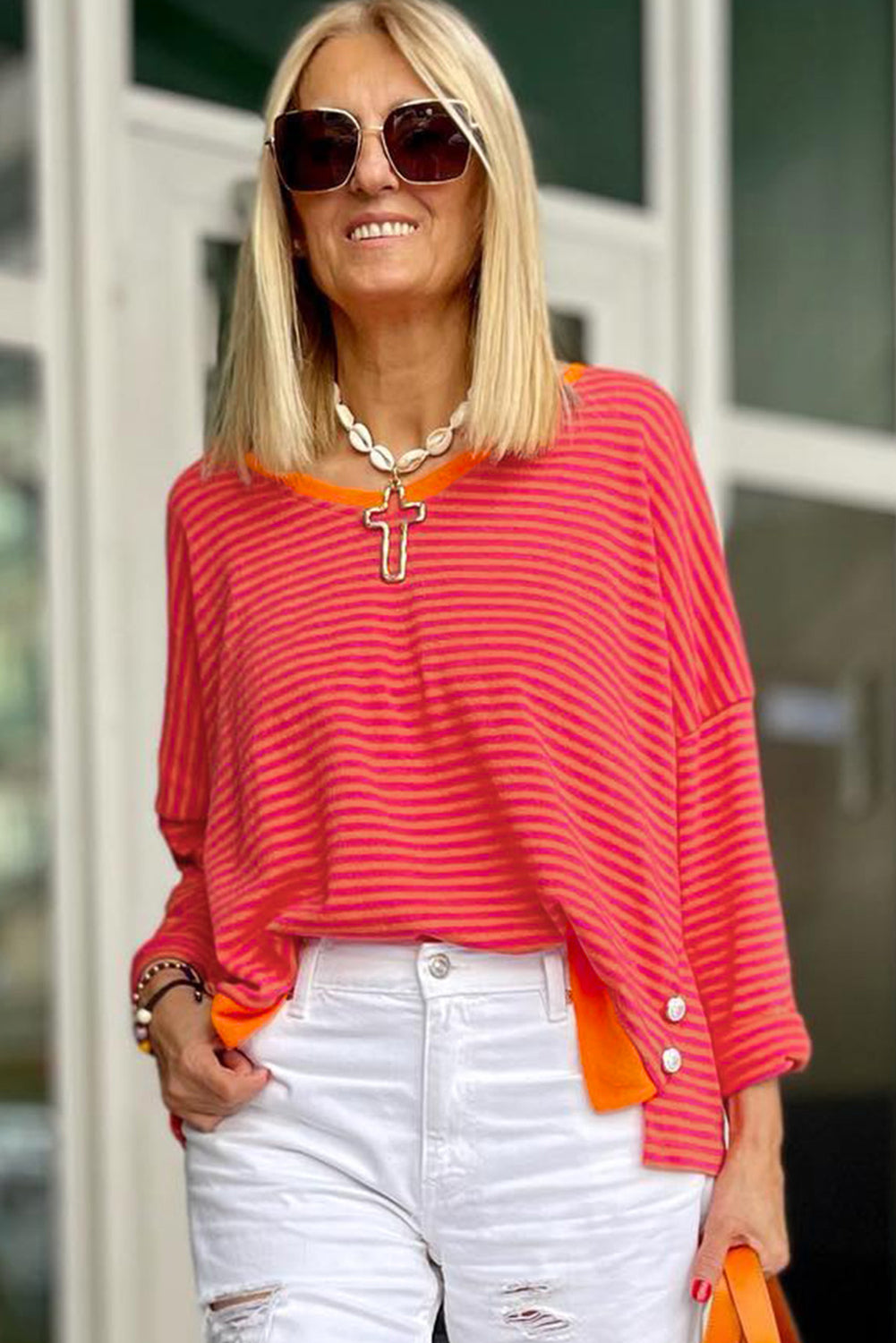 Orange Stripe Plus Size Drop Shoulder Long Sleeve Buttoned Decor Top