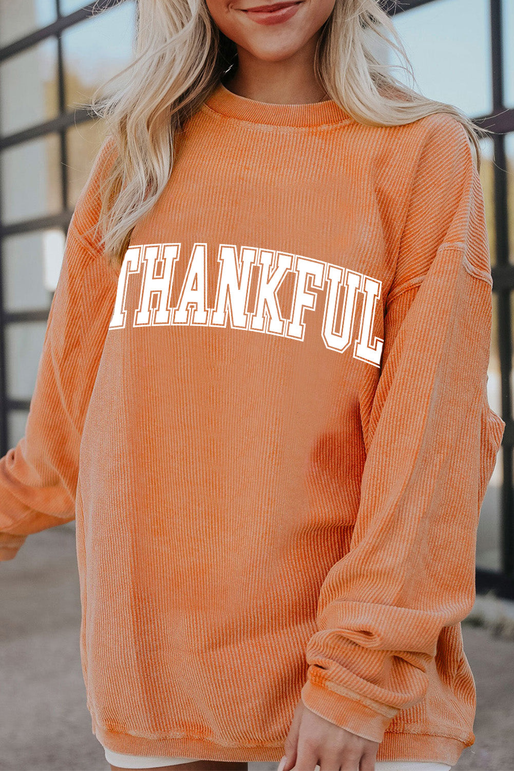 Orange Thankful Ribbed Crew Neck Thanksgiving Sweatshirt