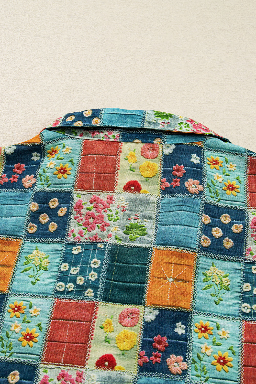 Sky Blue Mix Floral Checkered Pattern Bubble Sleeve Ruffle Hem Dress