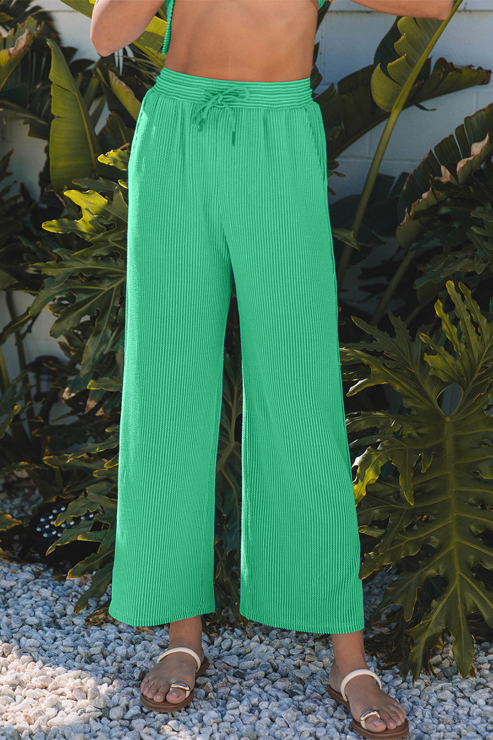 Blue Solid Corded Knit Short Sleeve T Shirt and Wide Leg Pants Set