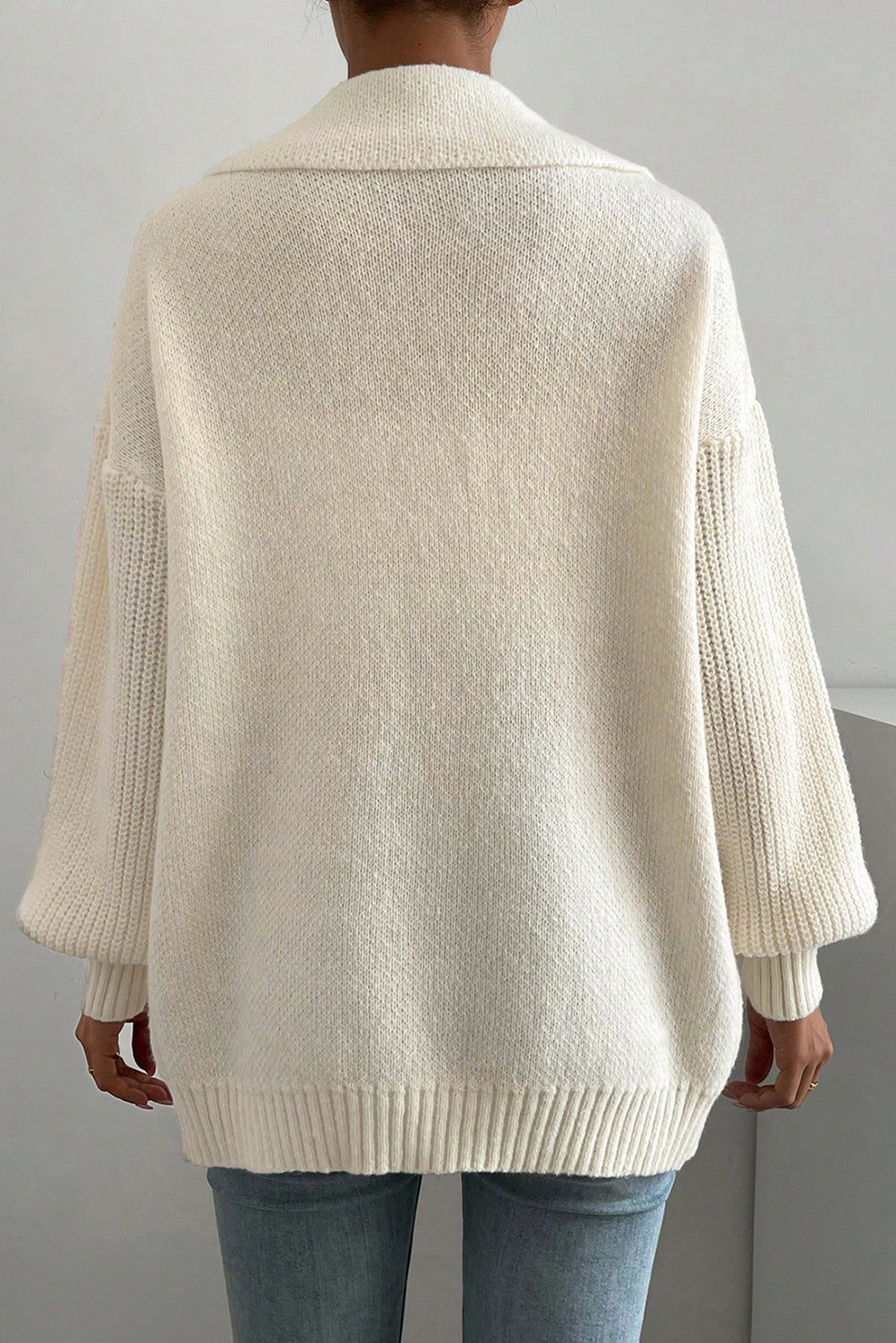 Beige Solid Color Knit Lapel Collar Single Button Sweater Cardigan