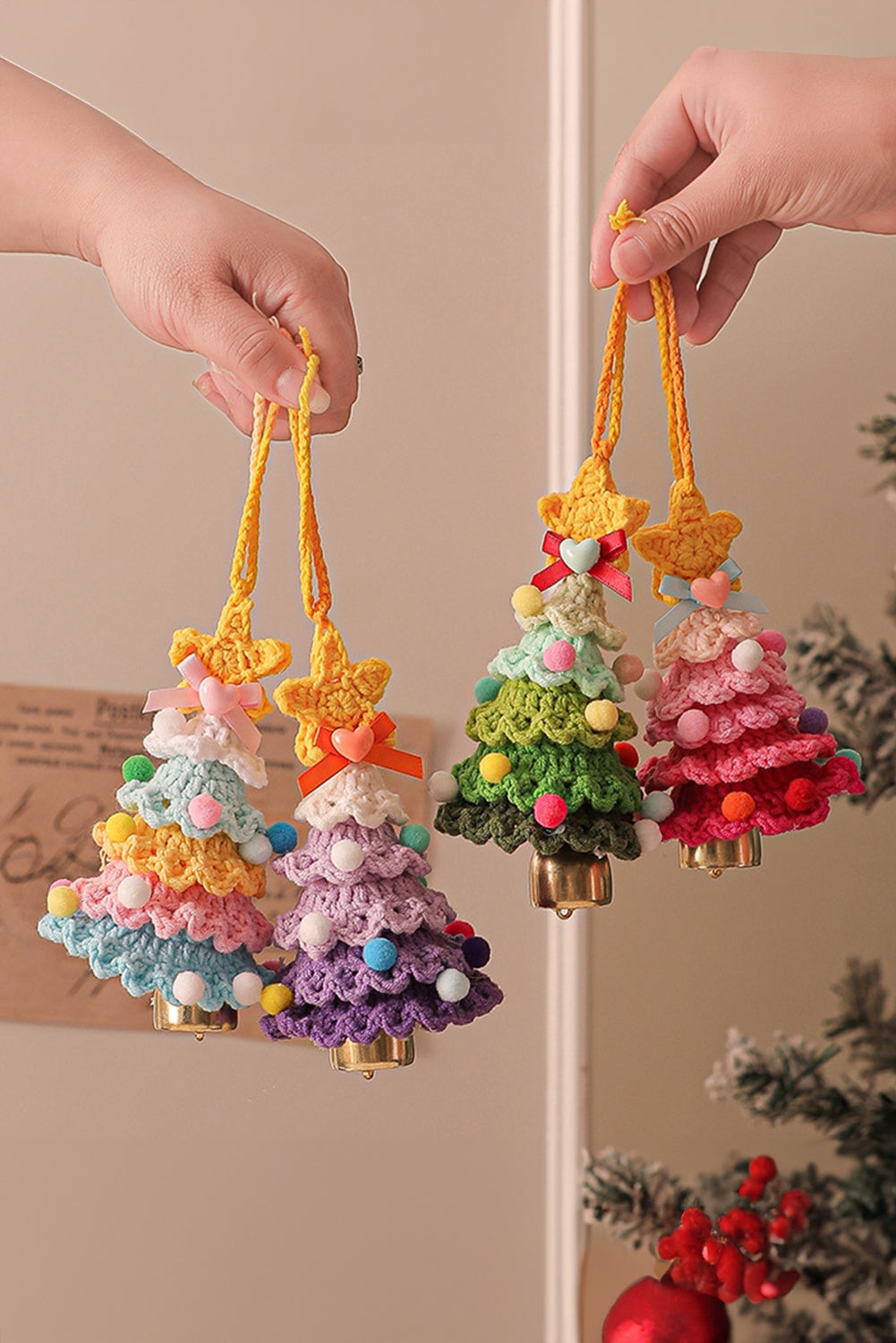 Orchid Petal Handmade Crochet Christmas Tree Jingle Bell Home Hanging Decoration