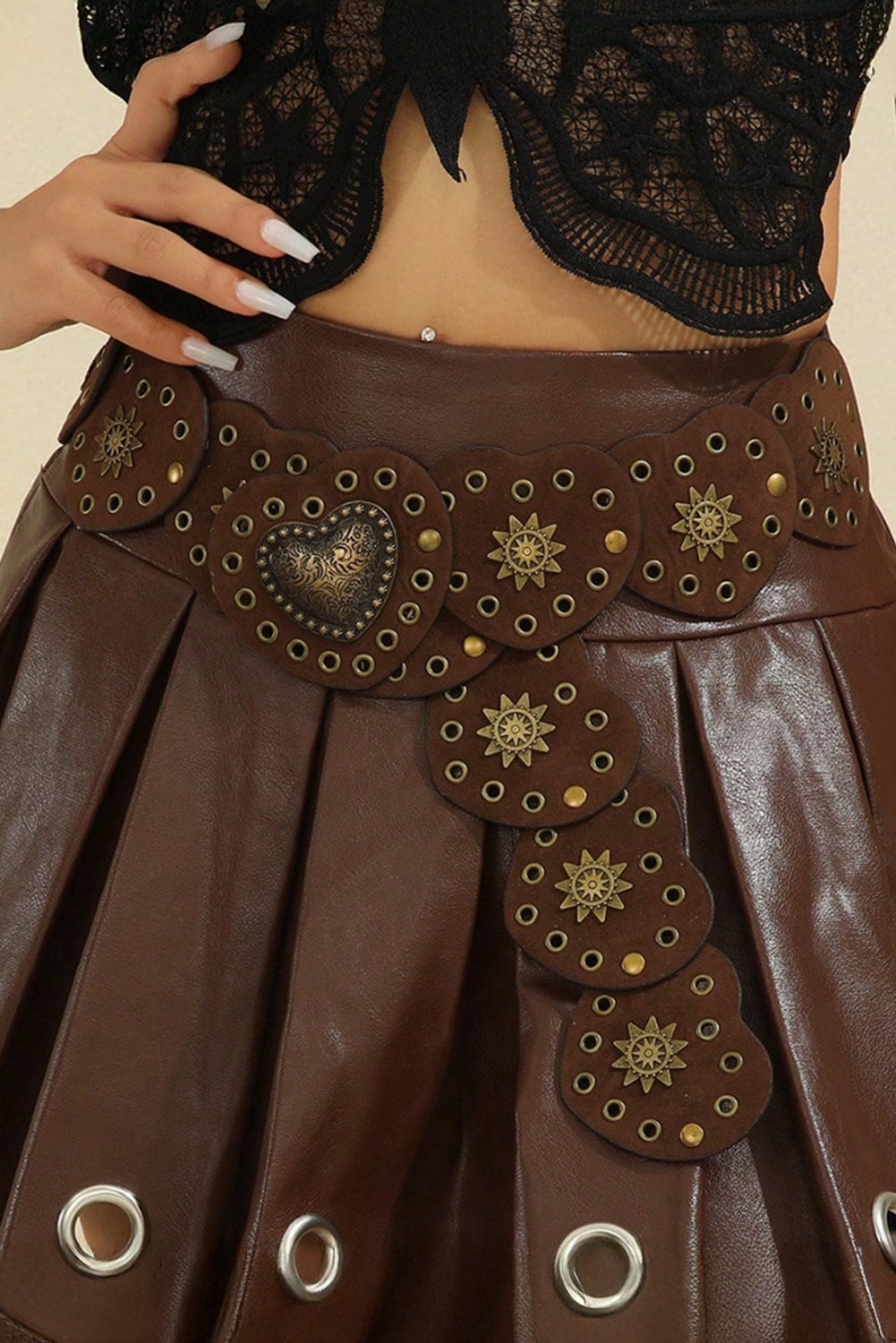 Coffee Bohemian Vintage Bronze Detail Heart Connected PU Belt
