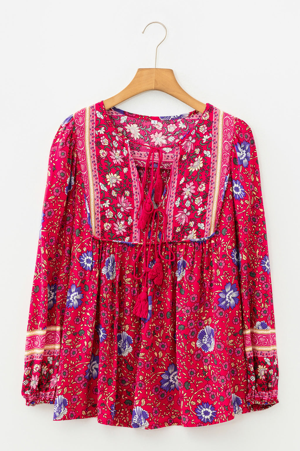 Blue Bohemian Floral Print Tassel Tie Front Long Sleeve Blouse