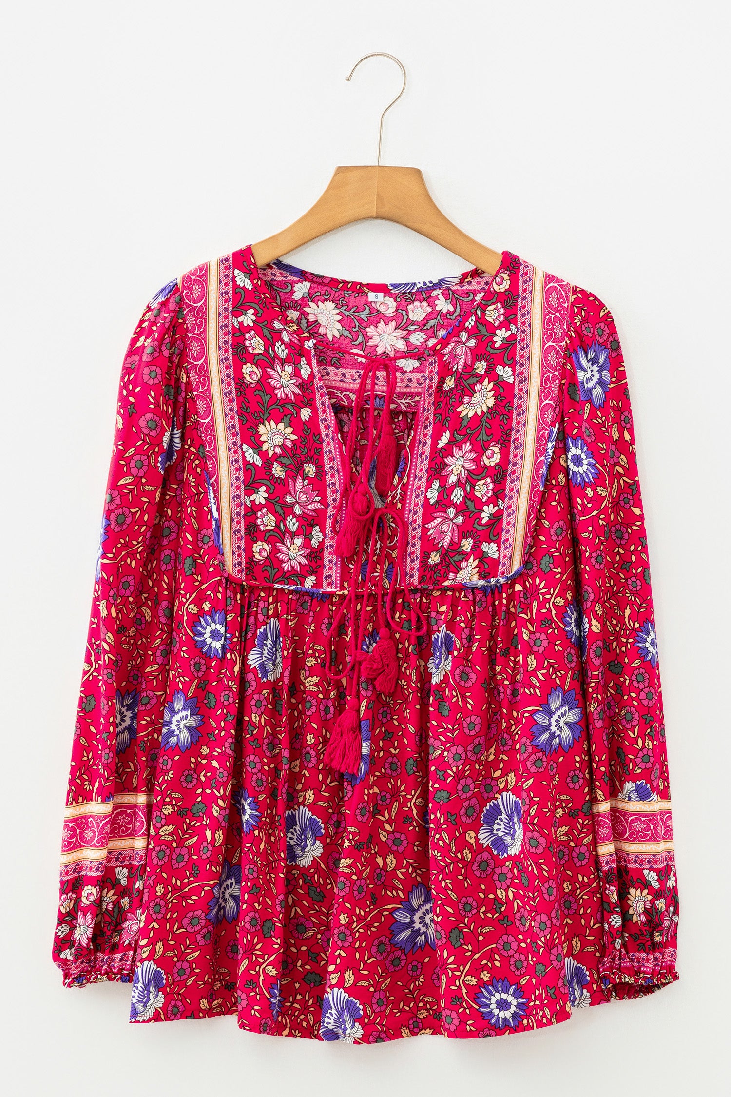Blue Bohemian Floral Print Tassel Tie Front Long Sleeve Blouse