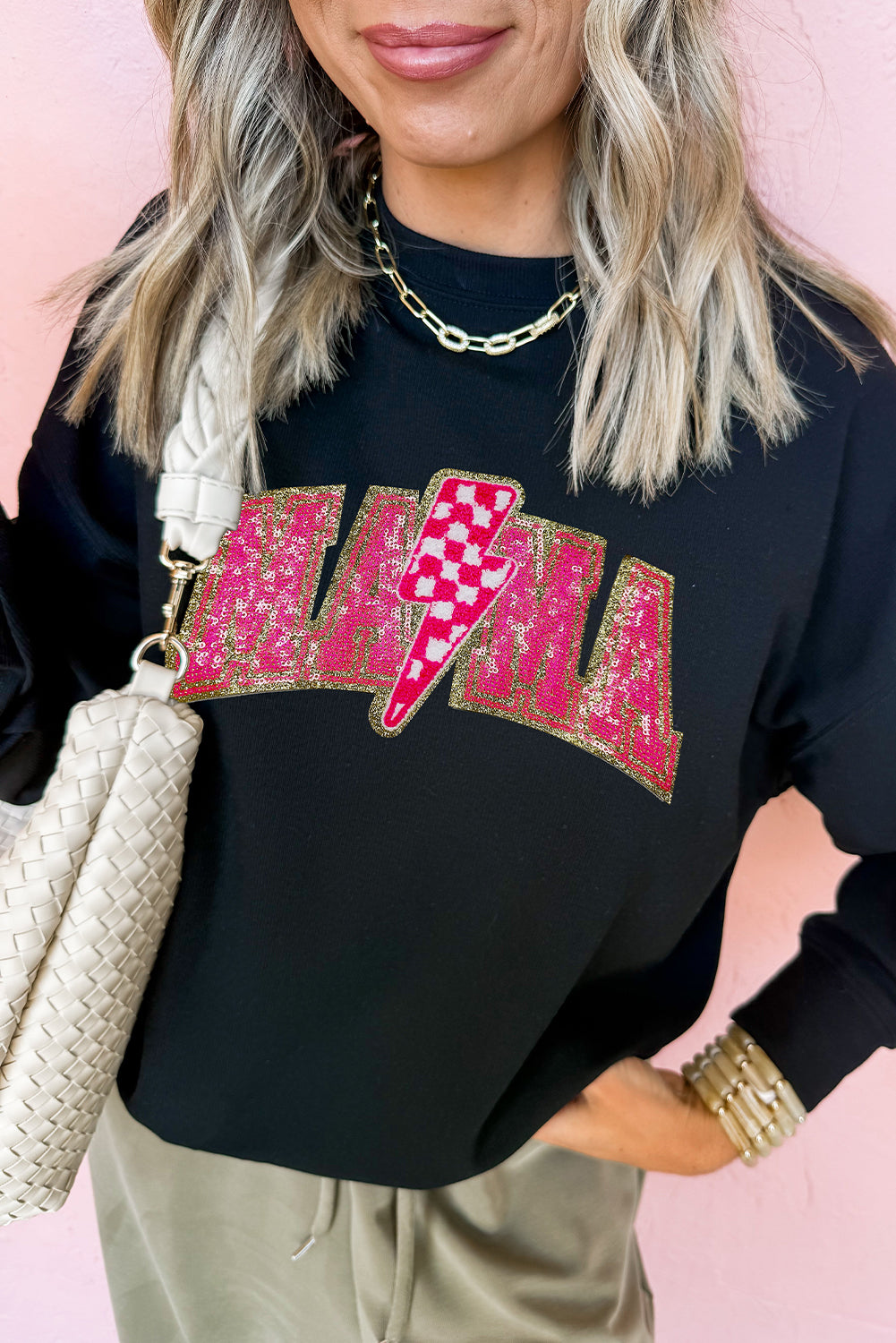 Black MAMA Shiny Graphic Pullover Sweatshirt