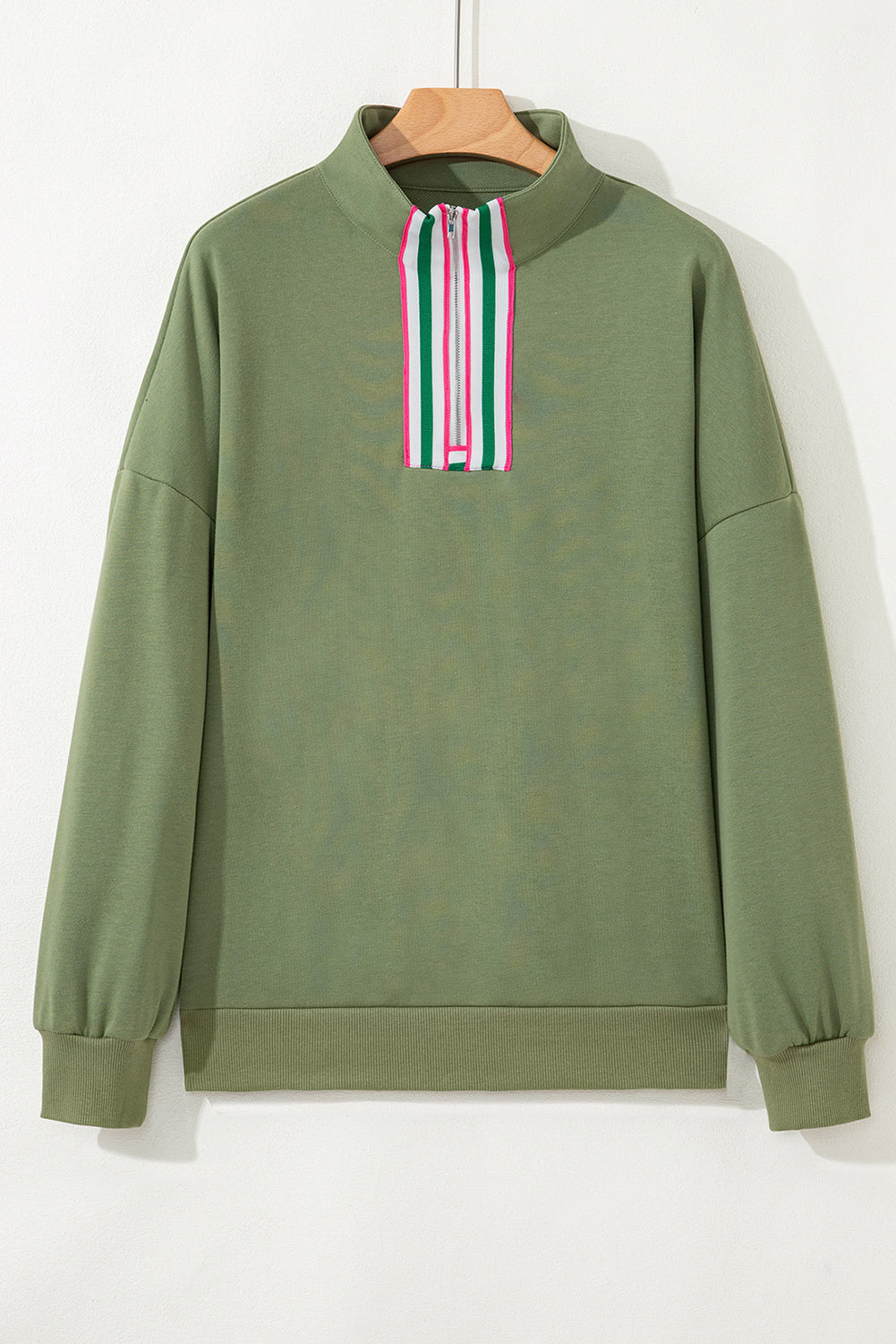 Light Grey Contrast Striped Patchwork Zip Collar Pullover Sweatshirt