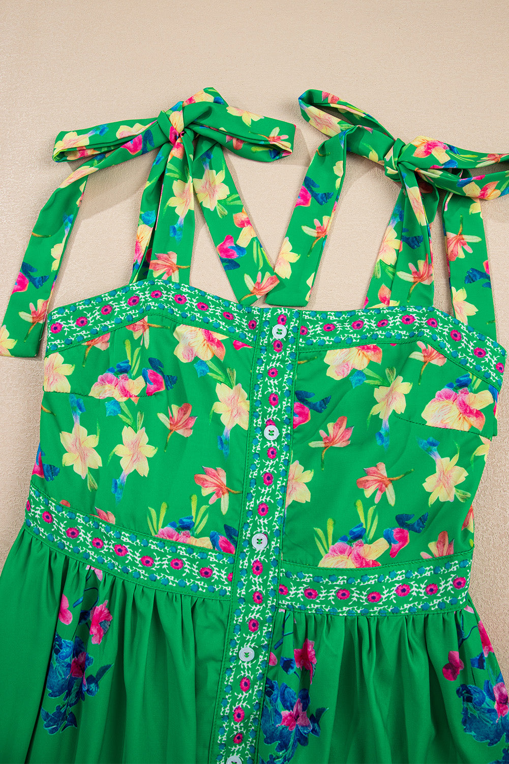Green Floral Detail Tie Split Neck Short Sleeve Blouse