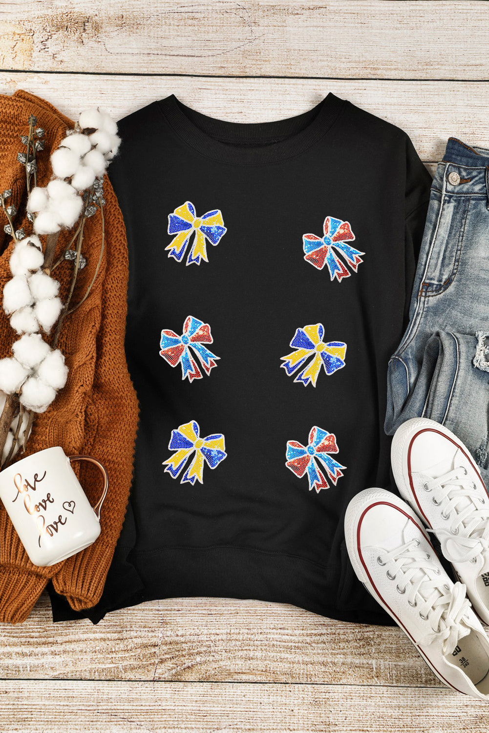 Black Shimmering Bow Patched Pattern Game Day Sweatshirt