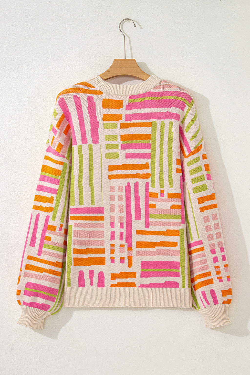 Rose Love Lines Pattern Crew Neck Puff Sleeve Sweater