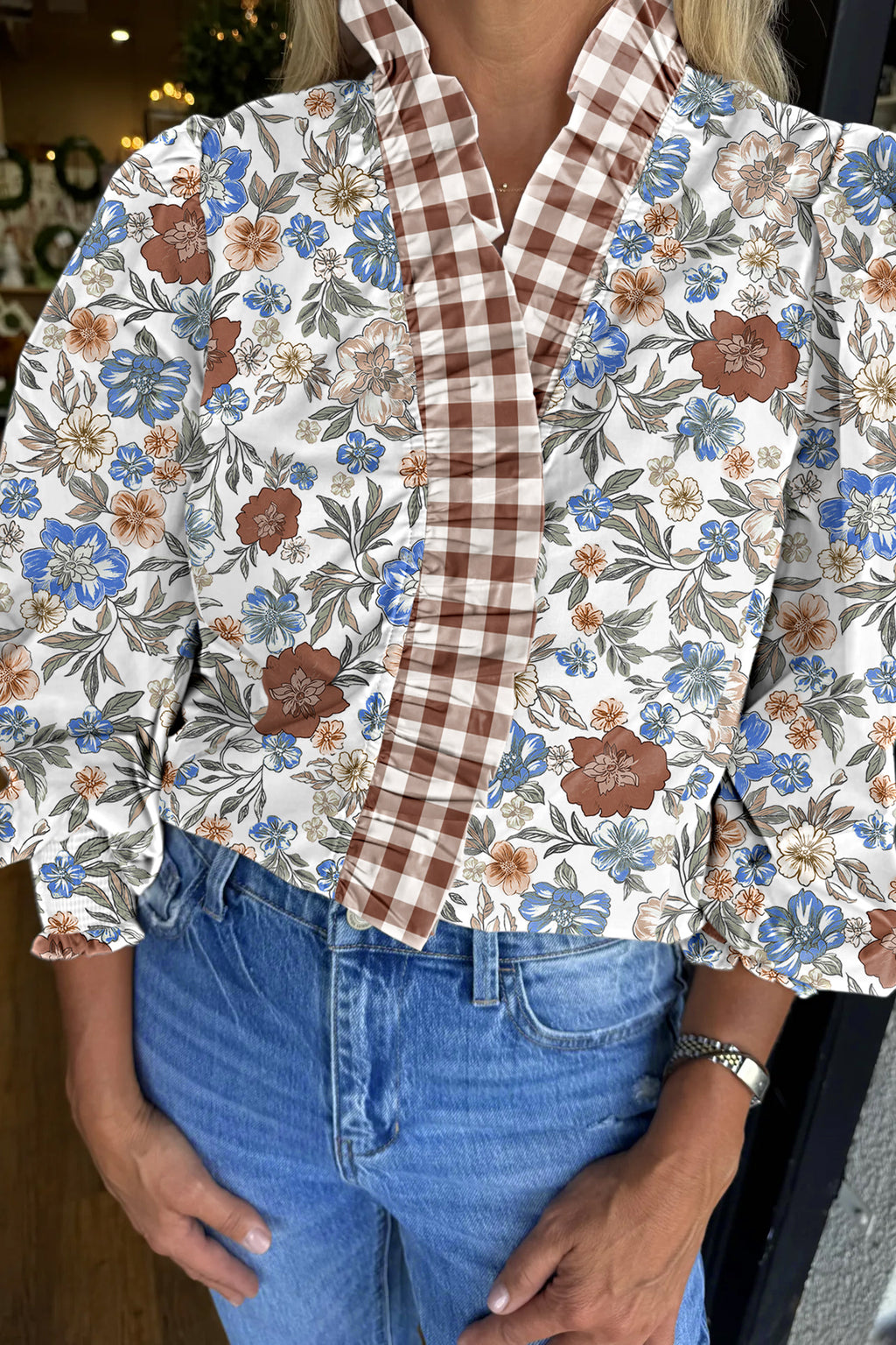 Brown Plaid Frilled Trim V Neck Floral Long Sleeve Blouse