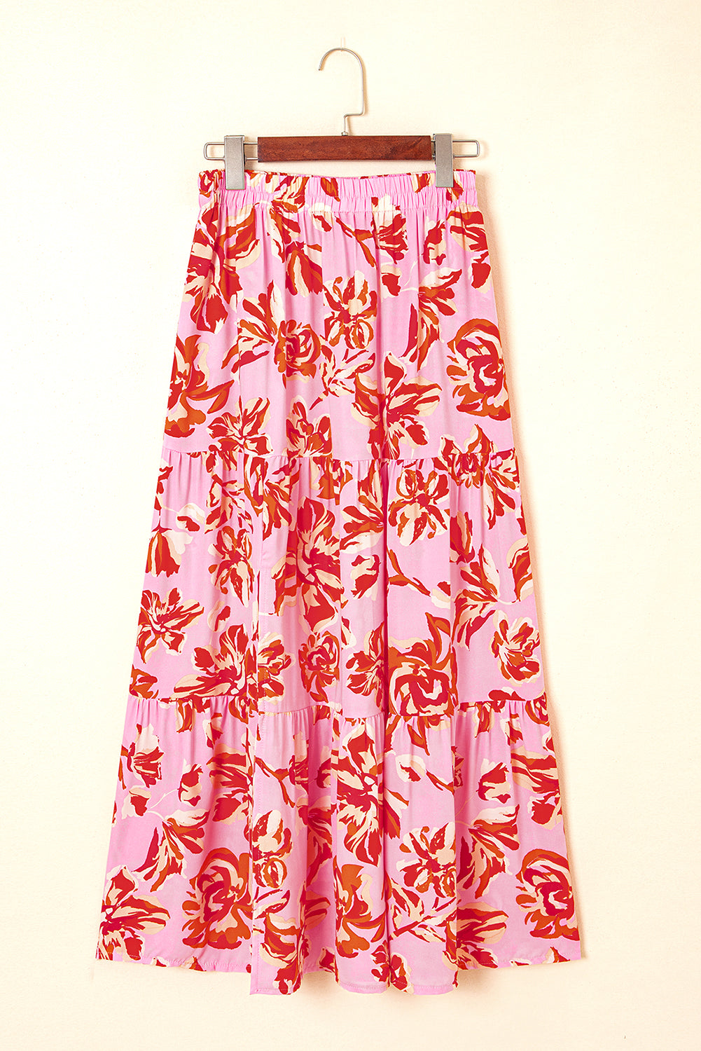 Orange Bohemian Floral Print Tiered Maxi Skirt with Split