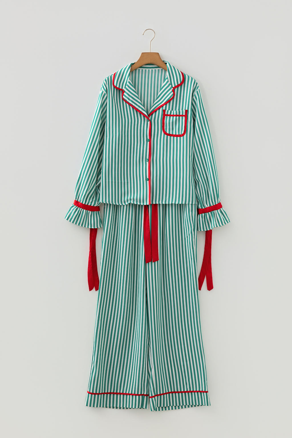 Red Stripe Contrast Velvet Trim Bow Knot Waist 2pcs Pajama Set