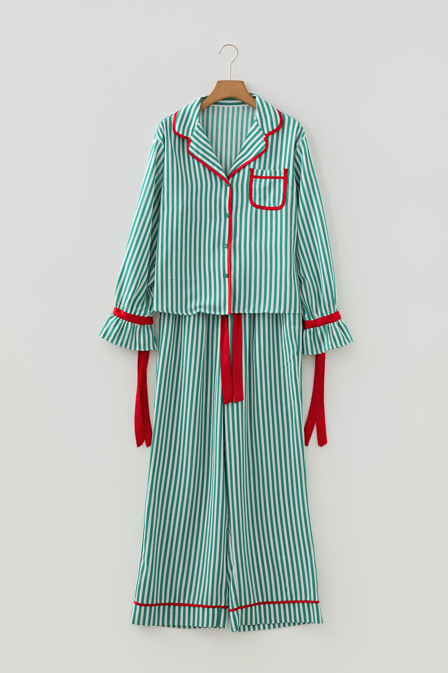 Red Stripe Contrast Velvet Trim Bow Knot Waist 2pcs Pajama Set