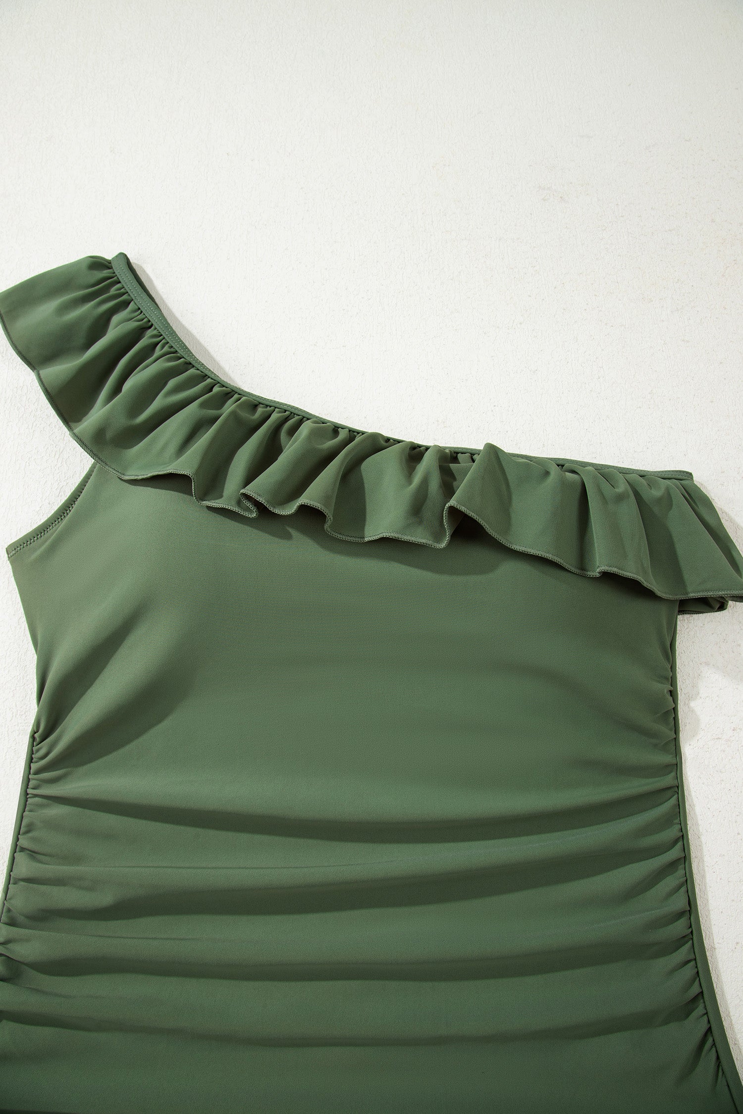 Skobeloff Solid Color Ruffle Trim Asymmetric Neck One Piece Swimsuit